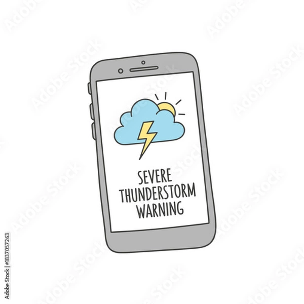 Fototapeta Warning notification of severe thunderstorm on smartphone screen  