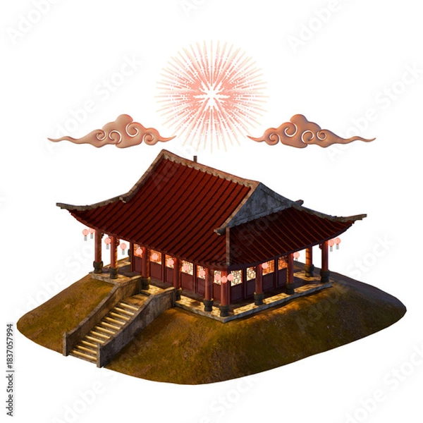 Fototapeta Chinese New Year Traditional House Building Isometric View