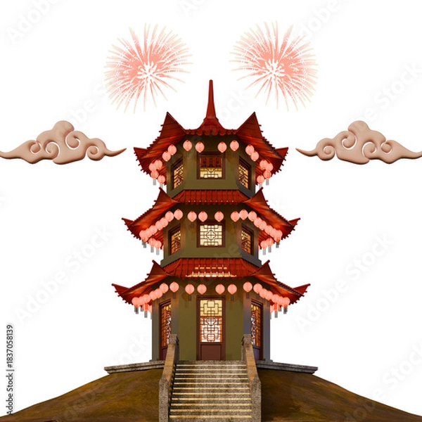 Fototapeta Chinese New Year Traditional Tower Building Front View