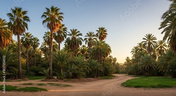 Fototapeta Serene panoramic view featuring palm trees, a dirt path, and lush vegetation