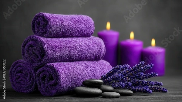 Obraz Purple towels candles spa setting