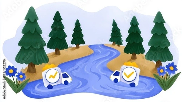 Obraz River landscape with pine trees flower decorations in clay style