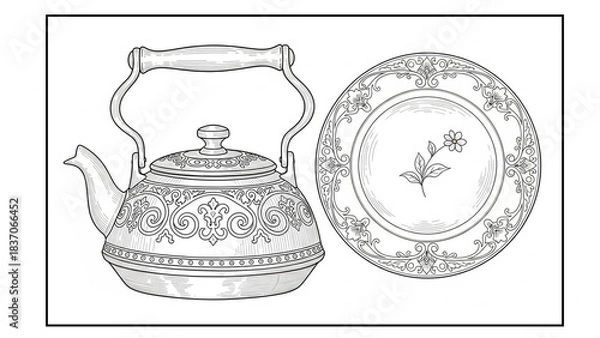 Obraz Elegant antique kettle and decorative floral plate presented in detailed black and white etching style for vintage design projects