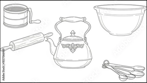 Obraz Charming vintage baking tools line art featuring a flour sifter rolling pin kettle and measuring spoons for cozy recipes