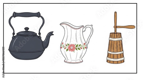Obraz Charming collection of vintage kitchenware featuring a dark kettle, floral pitcher, and rustic wooden butter churn