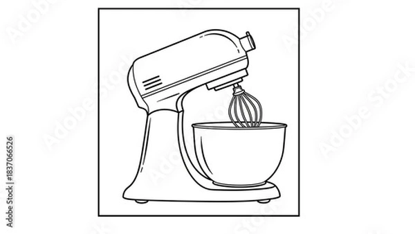 Obraz Simple black and white outline drawing of a classic stand mixer ready for baking delicious homemade treats