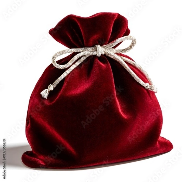 Fototapeta A red velvet drawstring bag sits upright on a plain white background.