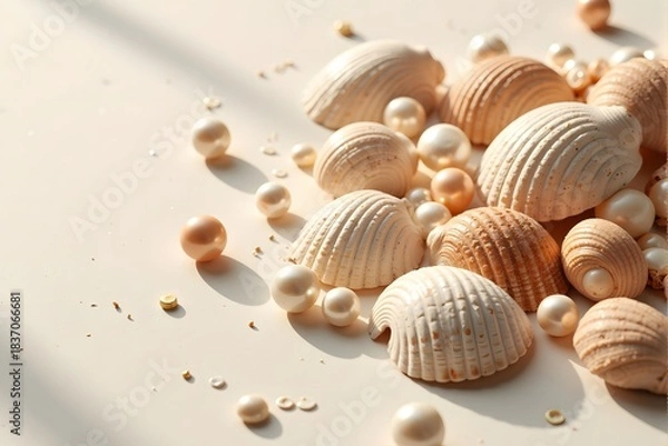 Fototapeta Several seashells and scattered pearls rest on a smooth, sunlit surface.