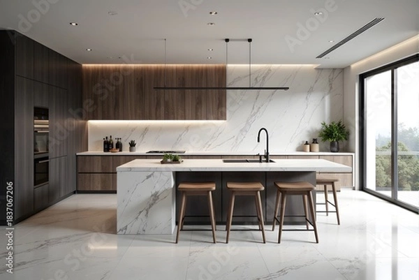 Fototapeta A modern minimalist kitchen features a large marble island with wooden bar stools and floor-to-ceiling windows.