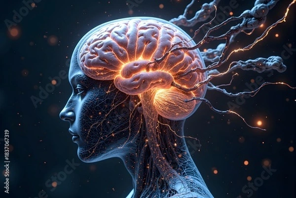 Fototapeta A futuristic human figure with an illuminated brain is shown in a glowing, high-tech environment.
