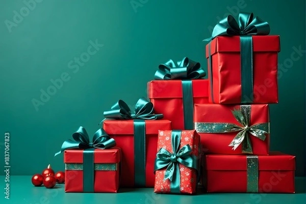 Fototapeta Several neatly stacked red gift boxes with teal ribbons sit against a teal background.