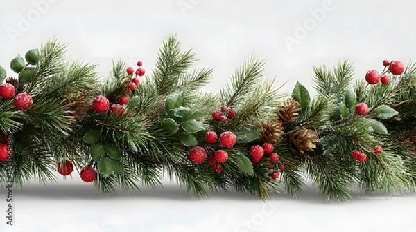 Fototapeta Green pine branches with red berries and pine cones form a festive Christmas garland on a light background.