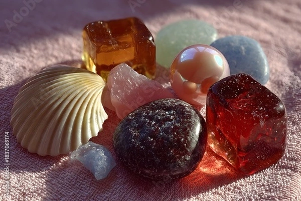 Fototapeta Colorful gemstones and a seashell lie together on a soft pink fabric.