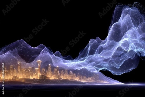 Fototapeta A glowing city skyline is enveloped by flowing, translucent waves of light against a dark background.