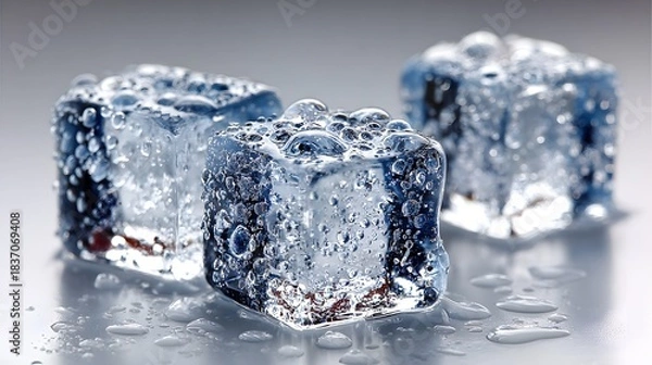 Fototapeta Three melting ice cubes glisten with water droplets on a smooth surface.