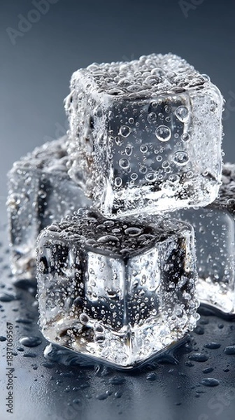 Fototapeta Three transparent ice cubes glisten with water droplets on a reflective surface.