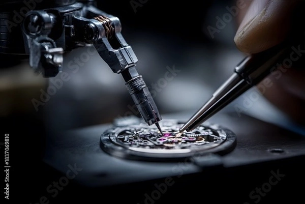 Fototapeta A watchmaker carefully assembles the intricate inner mechanism of a wristwatch under magnification.