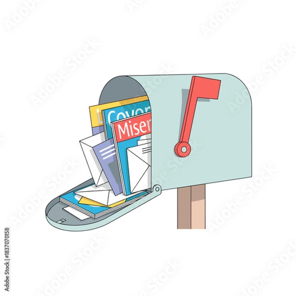Fototapeta mailbox filled with letters and magazines in simple illustration style  