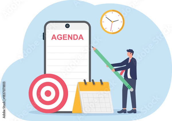 Fototapeta  planner or checklist for office work concept, smart business woman hold pencil write meeting agenda with clock.
