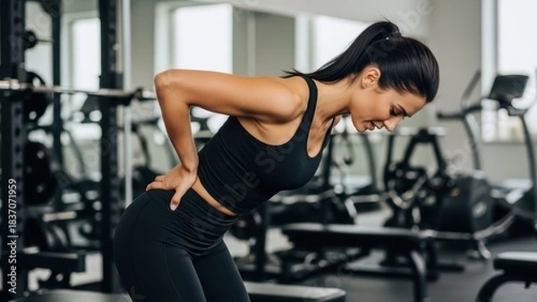 Obraz Young caucasian female experiencing back pain in gym setting
