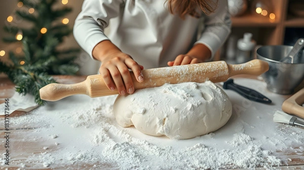 Fototapeta A child baker's workplace, covered in a thick layer of white flour on a worn wooden table, a long wooden rolling pin resting on a large mound of raw dough. A Christmas tree branch lies on the table