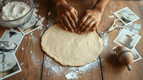 Fototapeta A rustic wooden table with a warm glow, the hands of a person with light brown skin and worn fingers rolling out a thin layer of creamy cookie dough, and pastel-colored photographs of flour