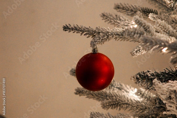 Obraz Close-up of a red Christmas ornament hanging from a snow-covered tree branch, creating a simple and elegant holiday atmosphere.