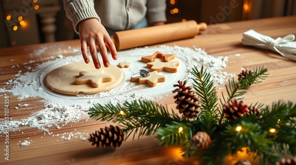 Fototapeta A warm and cozy holiday baking scene on a wooden table lightly dusted with flour, with a small hand reaching toward rolled-out dough and cookie cutter shapes