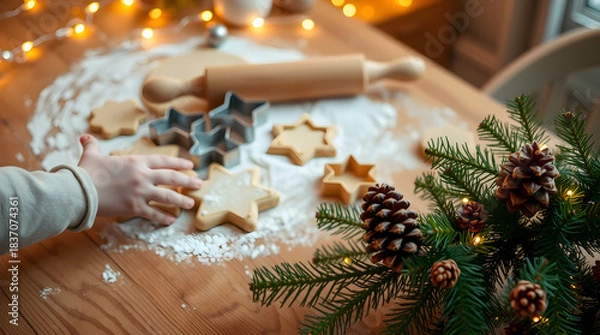 Fototapeta A warm and cozy holiday baking scene on a wooden table lightly dusted with flour, with a small hand reaching toward rolled-out dough and cookie cutter shapes