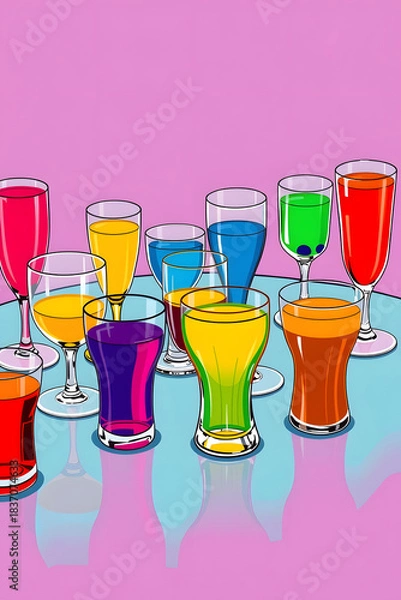 Fototapeta Pop art style illustration of a vibrant table setting featuring an assortment of glasses in different shapes and sizes, each filled with a distinct colorful liquid, such as bright red, electric blue