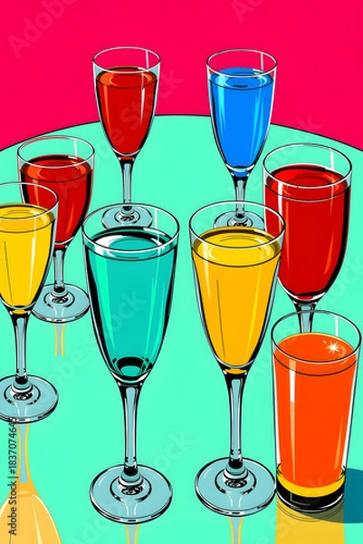 Fototapeta Pop art style illustration of a vibrant table setting featuring an assortment of glasses in different shapes and sizes, each filled with a distinct colorful liquid, such as bright red, electric blue