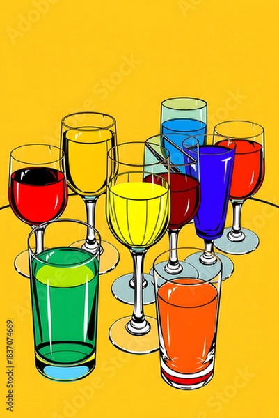 Fototapeta Pop art style illustration of a vibrant table setting featuring an assortment of glasses in different shapes and sizes, each filled with a distinct colorful liquid, such as bright red, electric blue