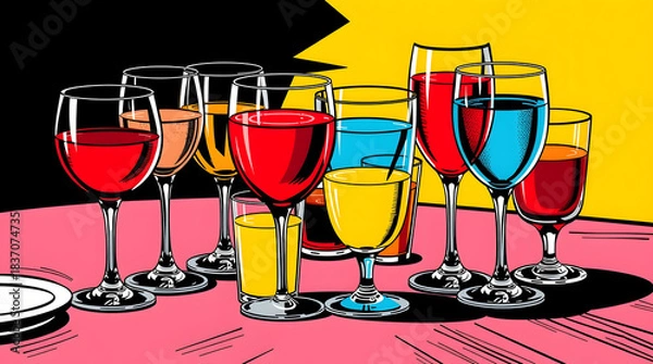 Fototapeta Pop art style illustration of a vibrant table setting featuring an assortment of glasses in different shapes and sizes, each filled with a distinct colorful liquid, such as bright red, electric blue