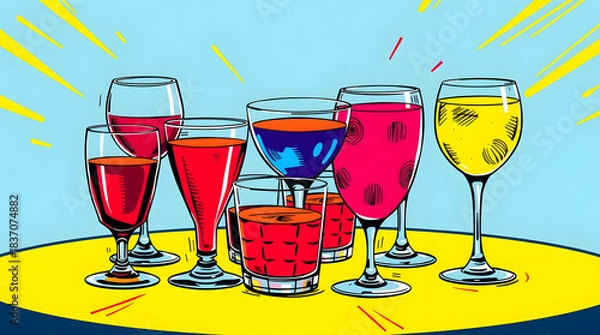 Fototapeta Pop art style illustration of a vibrant table setting featuring an assortment of glasses in different shapes and sizes, each filled with a distinct colorful liquid, such as bright red, electric blue