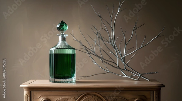 Fototapeta A refined glass decanter filled with dark green liquid, its translucent body reflecting subtle light, stands proudly on a rustic wooden dresser with a smooth, honey-brown finish