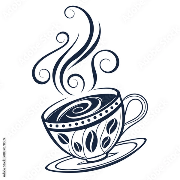 Fototapeta Artistic monochrome illustration of a steaming decorative coffee cup with elegant swirl elements