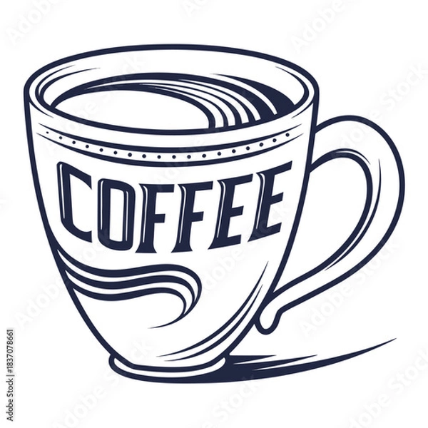 Fototapeta Monochrome illustration of a coffee cup with decorative lettering in a classic vintage style