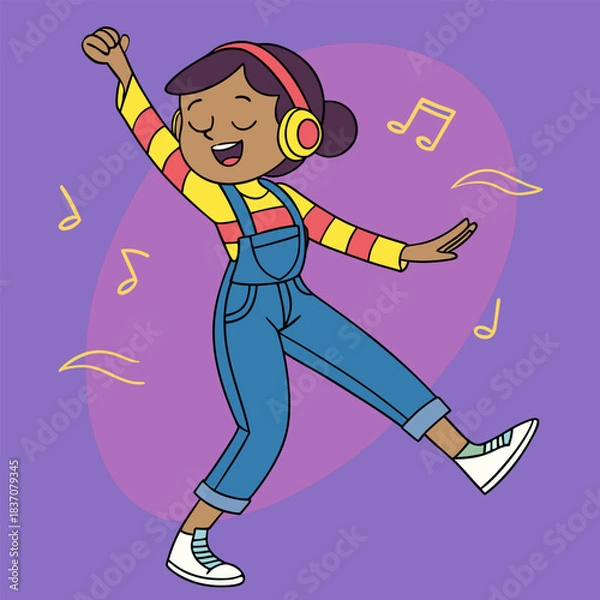 Fototapeta Illustration of a joyful girl dancing with headphones and enjoying music