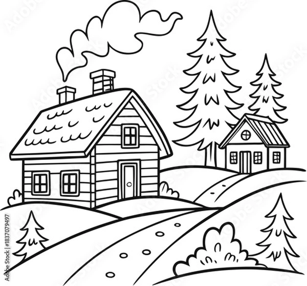 Fototapeta Simple line drawing of a cozy winter village with snow covered houses pine trees and chimney smoke for coloring book pages