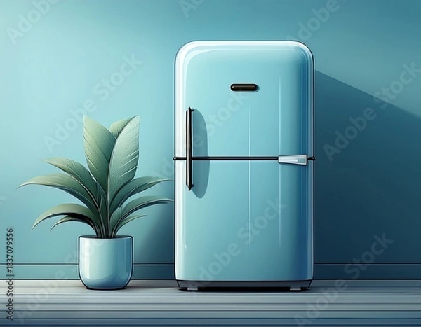 Fototapeta Retro-style light blue refrigerator anchors a minimalist interior, softened by a vibrant green houseplant. Creates a tranquil, fresh, and modern home aesthetic with subtle shadows