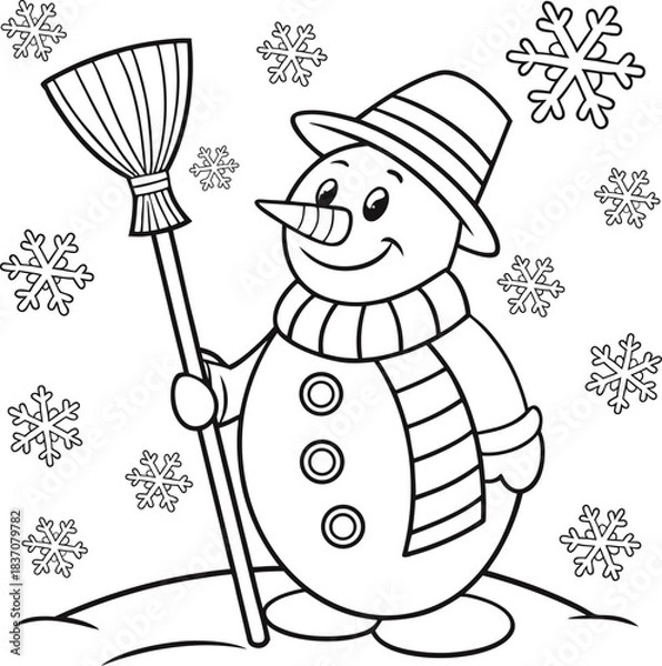 Fototapeta Simple line drawing of a snowman with scarf hat and broom surrounded by falling snowflakes for coloring book pages