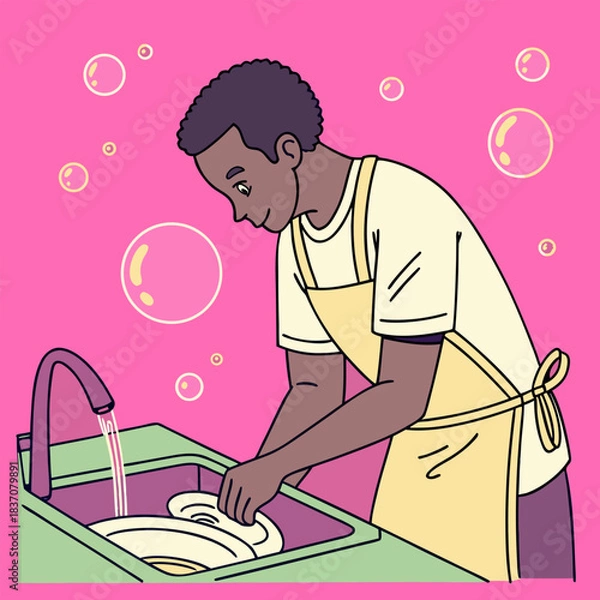 Fototapeta Young man wearing an apron washing dishes at the sink with soap bubbles in a bright modern illustration