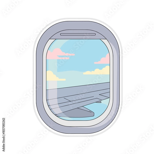 Fototapeta Airplane window view with wing and clouds on blue sky background  
