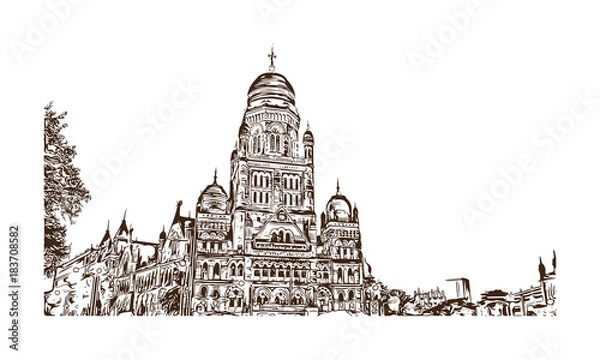 Fototapeta Hand drawn sketch of Mumbai Corporation, India in vector illustration.