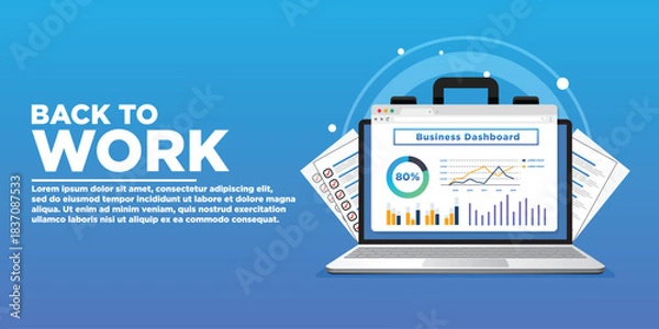 Obraz Back to work message Return to Productivity. Productivity Workflow Laptop and Documents Vector illustration