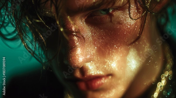 Fototapeta Shimmering light reflects on moist skin, creating a mysterious look that emphasizes the intense gaze and dramatic portrait atmosphere.
