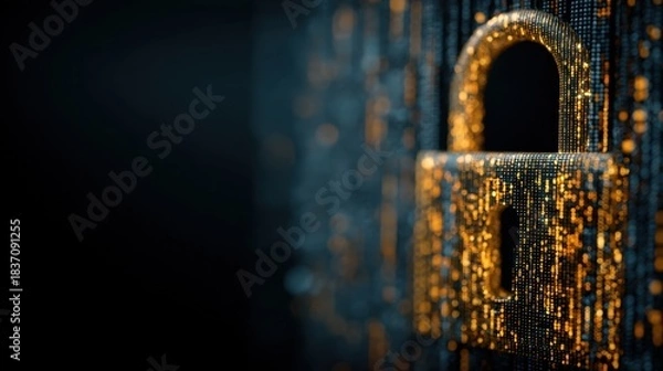 Fototapeta A close up of a lock stands out against a dark background filled with glowing digital patterns. This scene highlights themes of data security and protection in a modern setting.