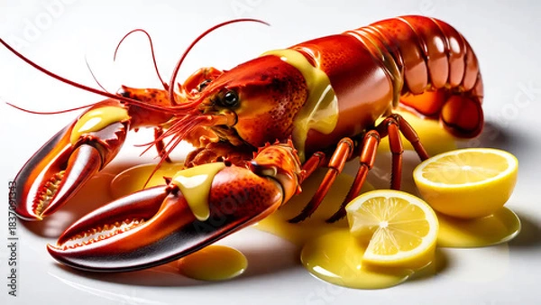Obraz Delicious Cooked Lobster with Lemon Slices and Butter Sauce .
