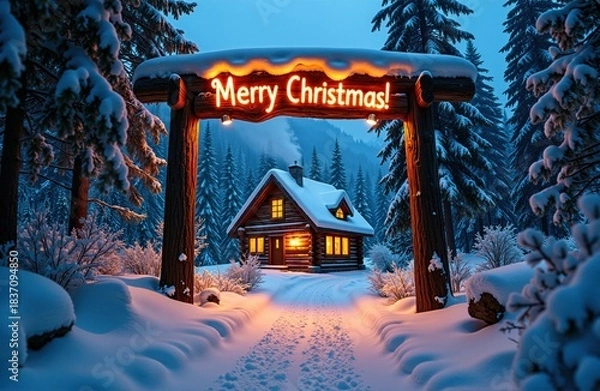 Fototapeta Winter landscape featuring a wooden cabin in a snowy forest. A wooden archway gate frames the house with a glowing orange Merry Christmas neon sign