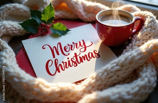 Fototapeta Cozy Christmas composition featuring a greeting card with text, a steaming red cup of coffee, a white knitted scarf, and holly berries on a wooden table